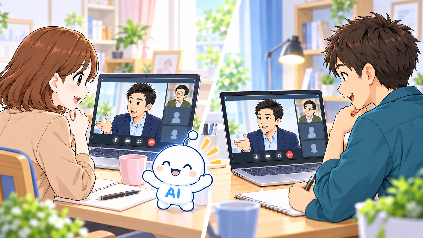 パソコンでオンラインセミナーを受講する人たちのイラスト