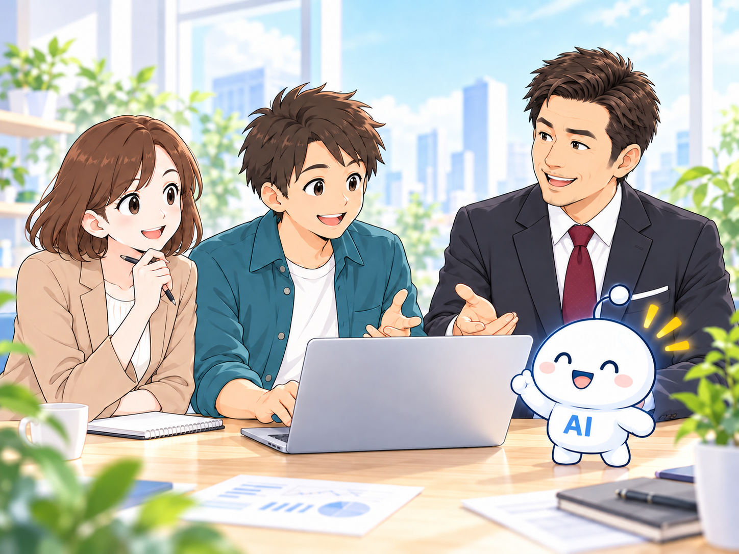 仕事でのAI活用を考える若手社員と経営者、AIキャラクターのイラスト